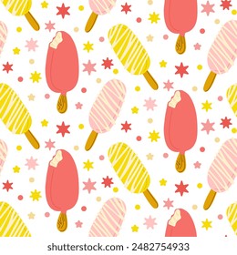 Bright seamless pattern with fruit ice creams on sticks. Summer vacation vector illustration on white background. Good for kids textile, wrapping paper, wallpaper