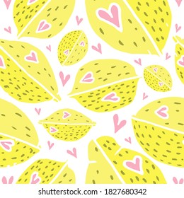 Bright seamless pattern with fruits. Lemon. Citruses. Vector graphics. Cute childish, cartoon style. White background.