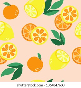 Bright seamless pattern with fruits, oranges, lemons, and leaves. Vector graphics