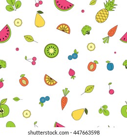 Bright seamless pattern with fruits and vegetables in thin line style
