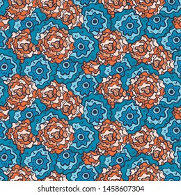 Bright seamless pattern full of hand drawn doodle blue and orange flowers. Cute rose flower background for textile, wrapping paper, cover, surface, wallpaper