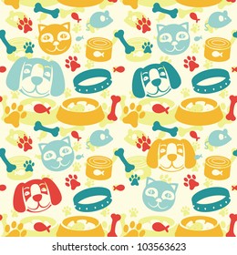 Bright Seamless Pattern With Funny Cat And Dog - Vector Illustration