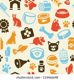 bright seamless pattern with funny cat and dog icons - vector illustration