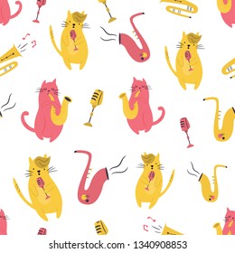 Bright seamless pattern with funny cats playing different musical instruments.