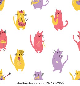 Bright seamless pattern with funny cats playing different musical instruments.