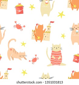 Bright seamless pattern with funny cats. Web, wrapping paper, textile, gift box, background