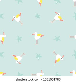 Bright seamless pattern with funny seagulls and sea stars. Web, wrapping paper, textile, gift box, background