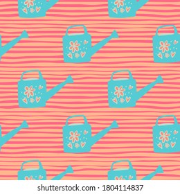 Bright seamless pattern with garden tool ornament. Blue watering cans on pink stripped background. Great for wallpaper, textile, wrapping paper, fabric print. Vector illustration.