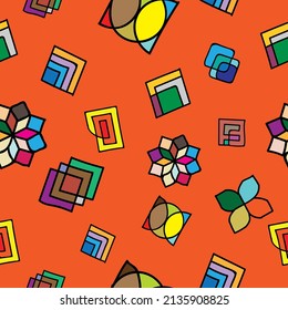 Bright, seamless pattern of geometric, abstract shapes.