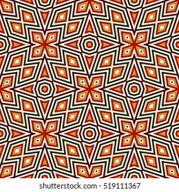 Bright seamless pattern with geometric ornament in Christmas traditional colors. Colorful abstract background. Ethnic and tribal motifs. Ornamental vivid wallpaper. Vector illustration