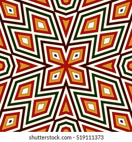 Bright seamless pattern with geometric ornament in Christmas traditional colors. Colorful abstract background. Ethnic and tribal motifs. Ornamental vivid wallpaper. Vector illustration