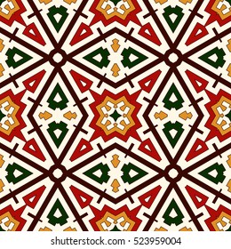 Bright seamless pattern with geometric ornament in Christmas traditional colors. Colorful abstract background. Ethnic and tribal motifs. Ornamental vivid wallpaper. Vector illustration