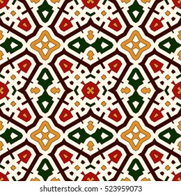 Bright seamless pattern with geometric ornament in Christmas traditional colors. Colorful abstract background. Ethnic and tribal motifs. Ornamental vivid wallpaper. Vector illustration