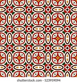 Bright seamless pattern with geometric ornament in Christmas traditional colors. Colorful abstract background. Ethnic and tribal motifs. Ornamental vivid wallpaper. Vector illustration