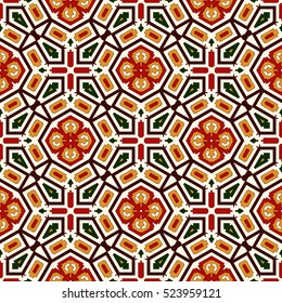 Bright seamless pattern with geometric ornament in Christmas traditional colors. Colorful abstract background. Ethnic and tribal motifs. Ornamental vivid wallpaper. Vector illustration