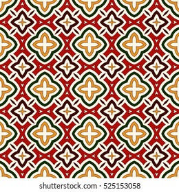 Bright seamless pattern with geometric ornament in Christmas traditional colors. Colorful abstract background. Ethnic and tribal motifs. Ornamental vivid wallpaper. Vector illustration