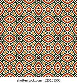 Bright seamless pattern with geometric ornament in Christmas traditional colors. Colorful abstract background. Ethnic and tribal motifs. Ornamental vivid wallpaper. Vector illustration