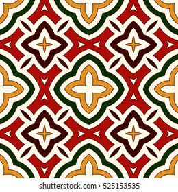 Bright seamless pattern with geometric ornament in Christmas traditional colors. Colorful abstract background. Ethnic and tribal motifs. Ornamental vivid wallpaper. Vector illustration
