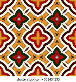 Bright seamless pattern with geometric ornament in Christmas traditional colors. Colorful abstract background. Ethnic and tribal motifs. Ornamental vivid wallpaper. Vector illustration.
