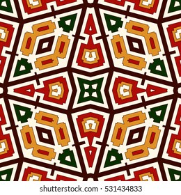 Bright seamless pattern with geometric ornament in Christmas traditional colors. Colorful abstract background. Ethnic and tribal motifs. Ornamental vivid wallpaper. Vector illustration.