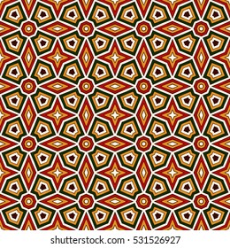 Bright seamless pattern with geometric ornament in Christmas traditional colors. Colorful abstract background. Ethnic and tribal motifs. Ornamental vivid wallpaper. Vector illustration