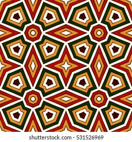 Bright seamless pattern with geometric ornament in Christmas traditional colors. Colorful abstract background. Ethnic and tribal motifs. Ornamental vivid wallpaper. Vector illustration