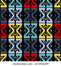 Bright seamless pattern with geometric shapes on a black background.