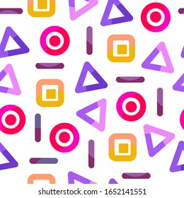 Bright seamless pattern of geometric shapes (triangles, squares, circles). Trend colors.