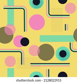 Patrón transparente brillante, formas geométricas, elementos, estilo de los años 80, memphis, retro, fondo amarillo, vector