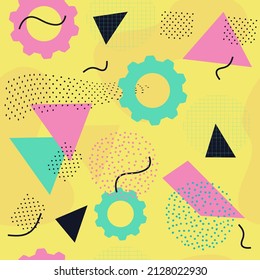 Bright seamless pattern, geometric shapes, elements, 80s style, memphis, retro, yellow background, vector