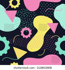 Patrón transparente brillante, formas geométricas, elementos, estilo de los años 80, memphis, retro, fondo negro, vector