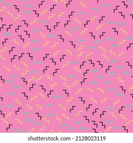 Bright seamless pattern, geometric shapes, elements, 80s style, memphis, retro, pink background, vector