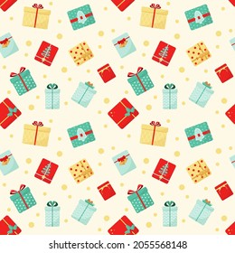 Bright seamless pattern with gift boxes. Birthday, New Year, Christmas
