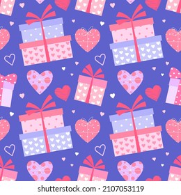 Bright seamless pattern: gift boxes and hearts on purple background. Concept of Valentine's Day or Birthday.