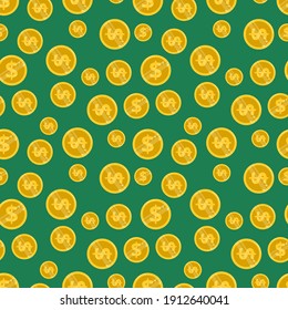 Bright seamless pattern with gold coins dollars on a green background. Money print, treasure .Vector illustration