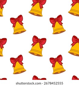 Bright seamless pattern with golden Christmas bells and red bows. Perfect for holiday cards, wrapping, stationery, posters, invitations, textiles, and other seasonal flat vector designs.