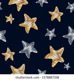 Bright Seamless pattern with golden and silver stars on black backdrop. Shining holiday background. Vector cute illustration for wrapping paper, fabric design, apparel print, web, fashion