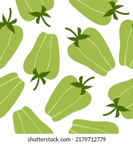Bright seamless pattern with green peppers. Texture for textiles, packaging, wallpapers. Vector illustration isolated on white background.
