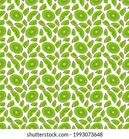 Bright seamless pattern of green slices of kiwi.Vector flat illustration.Summer fruit background with exotic healthy food.On white backdrop.For fabrics,textile,wrappings,wallpapers and other designs.