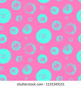 Bright seamless pattern with grunge scratched blue circles on pink. Fashion contrast colors scribbled round elements texture for textile, wrapping paper, background, surface, graphic design, wallpaper