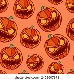Bright seamless pattern for Halloween with the image of evil pumpkins