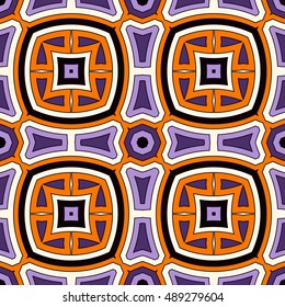 Bright seamless pattern in Halloween traditional colors. Colorful abstract background. Ethnic and tribal motifs. Ornamental vivid wallpaper. Vector illustration