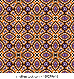 Bright seamless pattern in Halloween traditional colors. Colorful abstract background. Ethnic and tribal motifs. Ornamental vivid wallpaper. Vector illustration