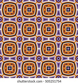 Bright seamless pattern in Halloween traditional colors. Colorful abstract background. Ethnic and tribal motifs. Ornamental vivid wallpaper. Vector illustration