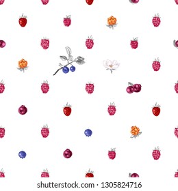 Bright seamless pattern with hand drawn wild berries on white background. Vector illustration