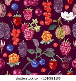 Bright seamless pattern with hand drawn berries on dark background. Vector illustration