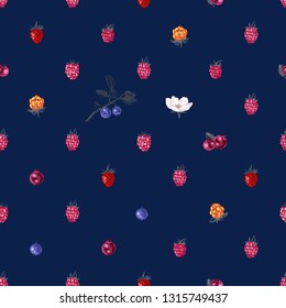 Bright seamless pattern with hand drawn berries on dark bluebackground. Vector illustration