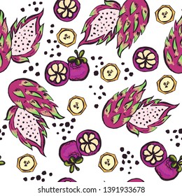 Bright seamless pattern with hand drawn fruits and ink stains