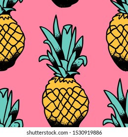 Bright seamless pattern of hand drawn, ripe yellow pineapple