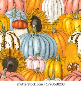 Bright seamless pattern with hand drawn pumpkins and sunflowers